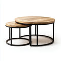 Round Coffee Table Set - Wood and Metal 70x70x50 cm / 50x50x40 cm - Natural and Black - Industrial Style