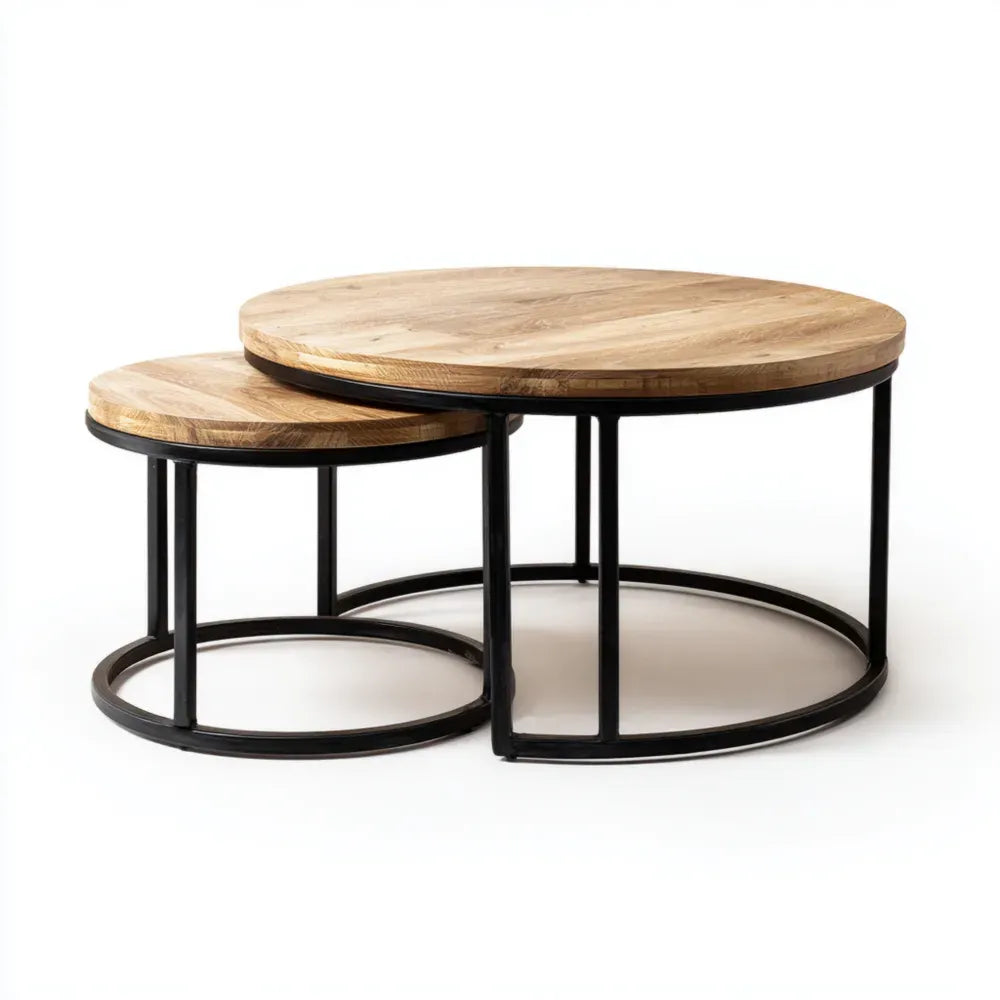 Round Coffee Table Set - Wood and Metal 70x70x50 cm / 50x50x40 cm - Natural and Black - Industrial Style