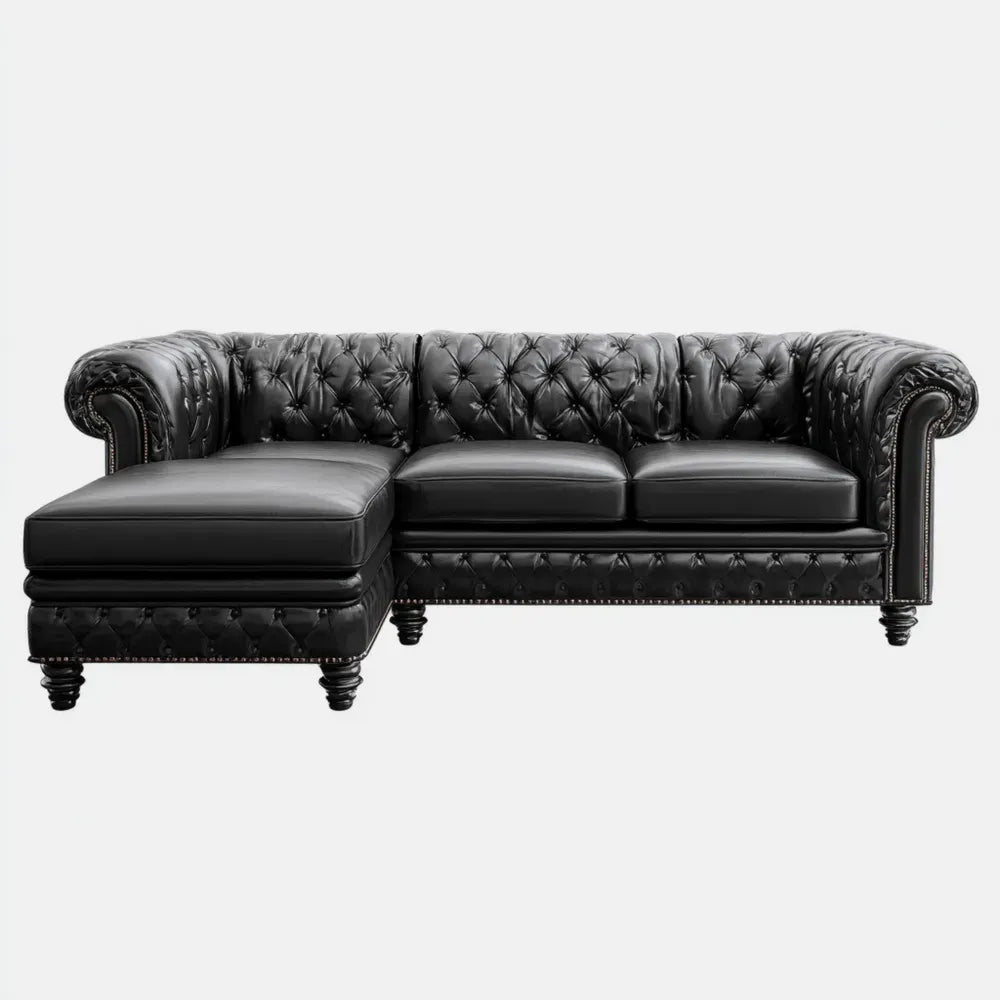 Leather Upholstered Sectional Sofa – 250x85x73 cm – Black – Classic Chesterfield Style