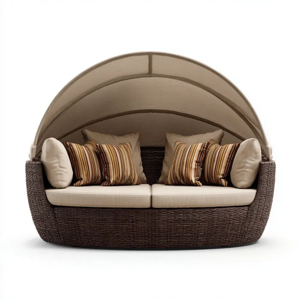 Outdoor Wicker Patio Sofa Set with Canopy 200x100x150 cm - Beige Cushions