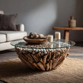 Round Coffee Table - Glass Top and Driftwood Base - 35.43 in x 35.43 in x 15.75 in - Natural - Rustic Design