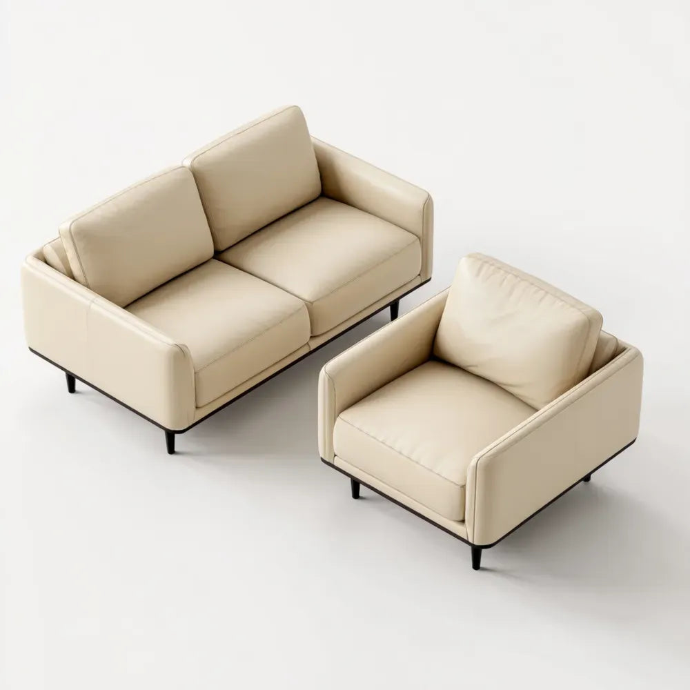 Sofa Set Leather Upholstery 2-Seater (150x85x75 cm) and Armchair (80x85x75 cm) – Beige – Contemporary Design