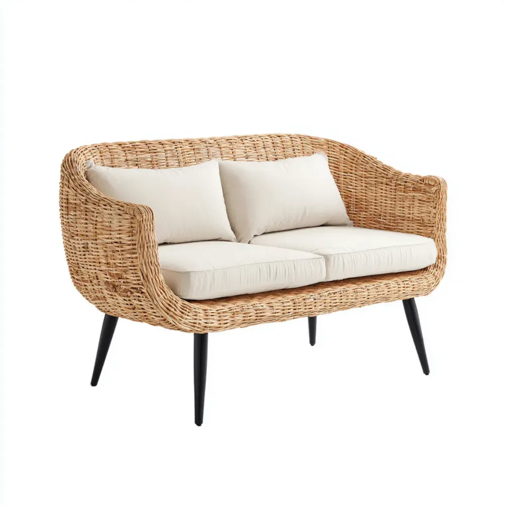 Patio Loveseat Sofa Wicker Cushioned 120x75x80 cm - Beige - Contemporary Design